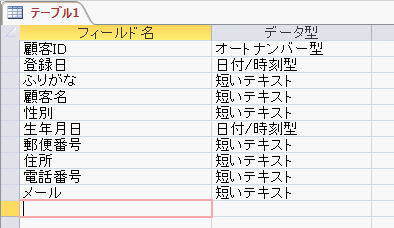 フィールド名を入力しデータ型を設定