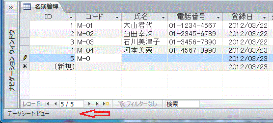 Access画面に表示されたステータスバー