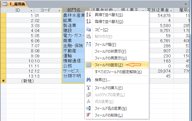 フィールドの固定