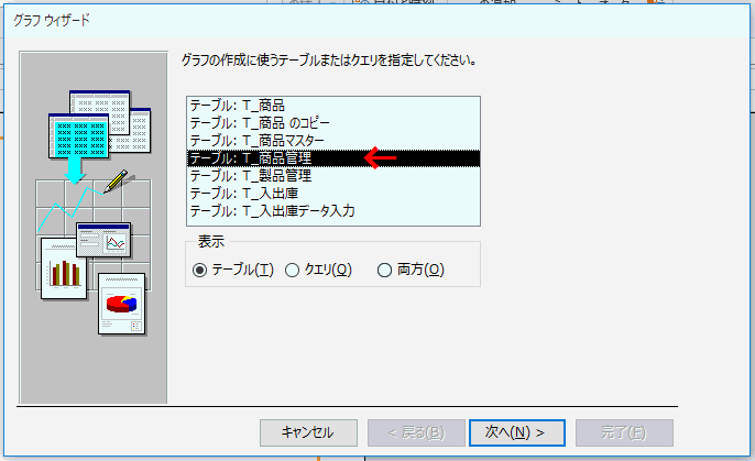 「商品管理」テーブルを選択する