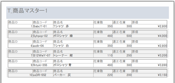 帳票形式で作成した、商品マスターのレポート