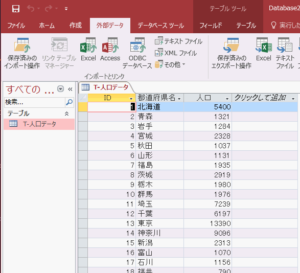 CSVファイルをインポートしたテーブル