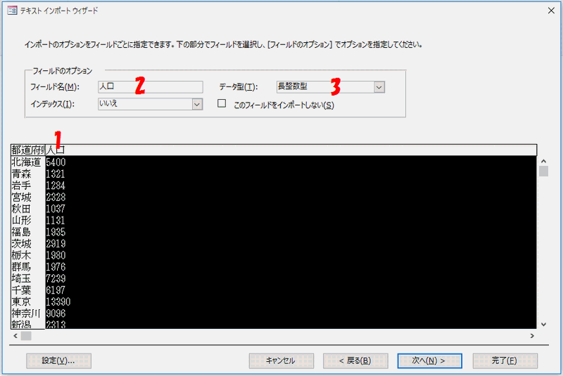 フィールド名を「人口」にし、データ型を「長整数型」にする