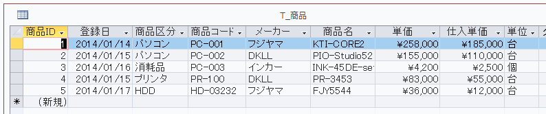 フォームに使用する商品テーブル