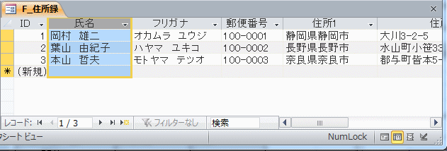 フォームの種類：データシート形式