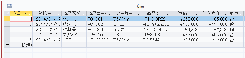 抽出する商品テーブル