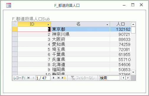 都道府県の人口が登録されているフォームです