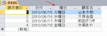 曜日が表示されたクエリ