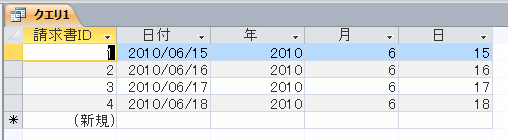 日付が分解され年・月・日が表示されたクエリ