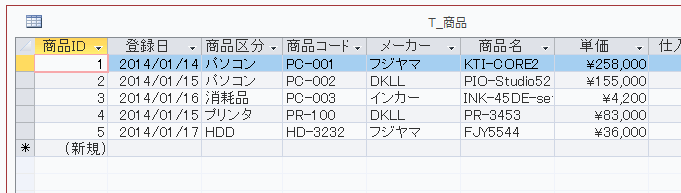 クエリの元になる商品テーブル