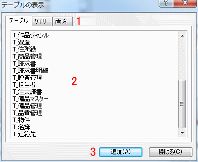 テーブルの表示ダイアログ