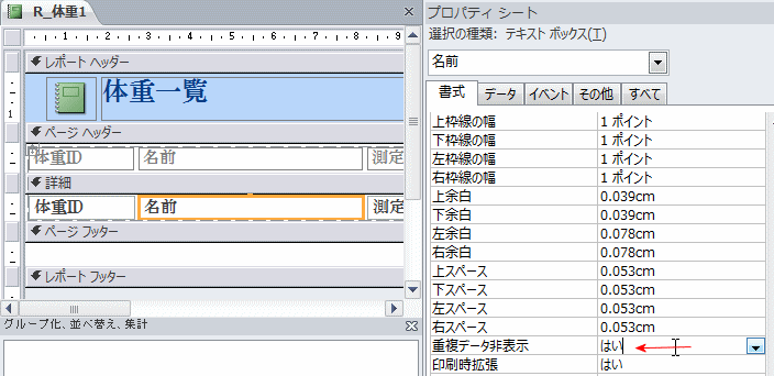 重複するデータを表示しない Access レポート