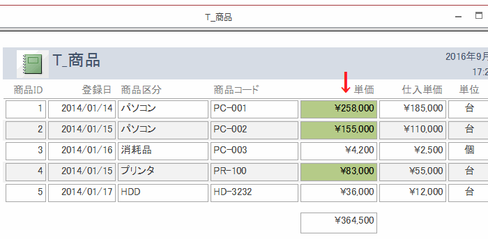 条件付き書式を設定したレポート