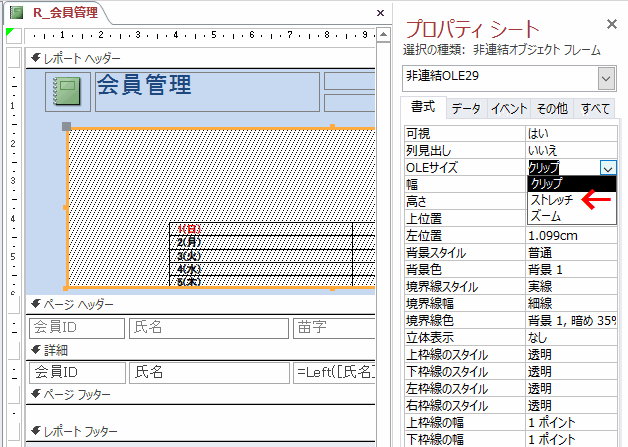 OLEサイズプロパティを「クリップ」から「ストレッチ」に変更する