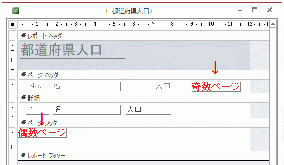 レポートヘッダーに「奇数ページ」、レポートフッターに「偶数ページ」と表示するラベルを挿入