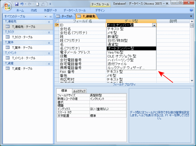 フィールドのデータ型設定画面