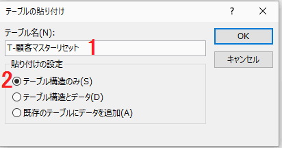 テーブルの貼り付けダイアログボックス