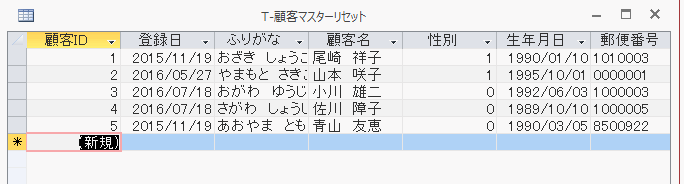 オートナンバーをリセットしたテーブルが作成できた