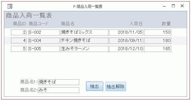 商品名に「焼きそば」か「みそ」が含まれるレコードが抽出できた