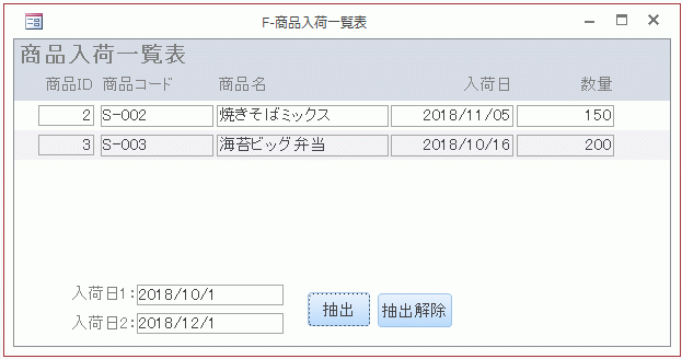 入荷日の期間で抽出した結果