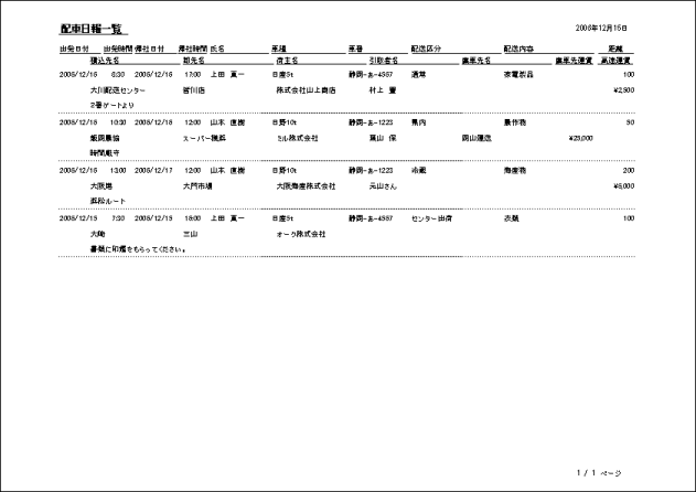 配車日報一覧　印刷例