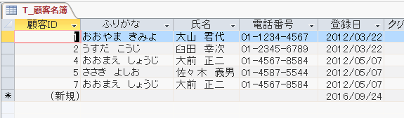 クエリを作成する「T_顧客名簿」テーブル