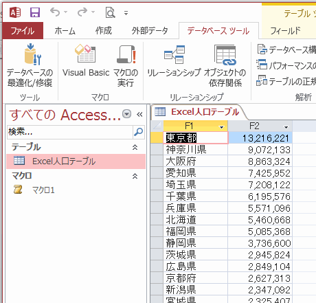 マクロが実行し、指定したテーブルが作成できた