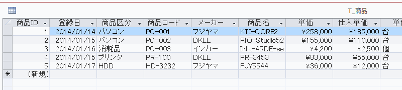 エクスポート元のAccessテーブル