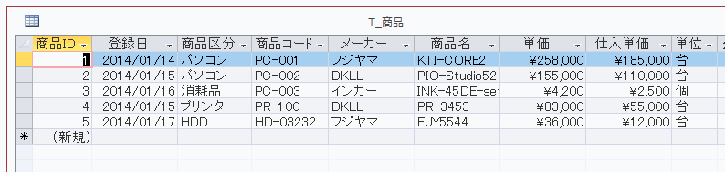 「T_商品」テーブル