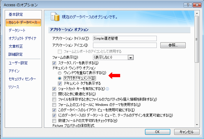 データベースのオプション