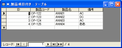 製品項目テーブル