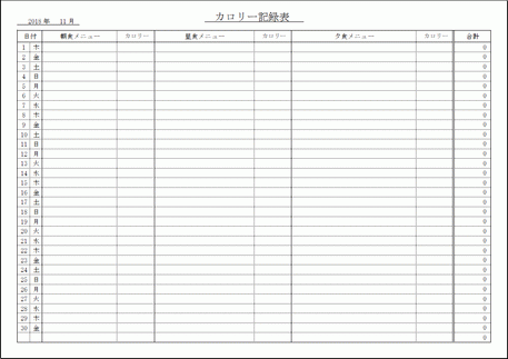 Excelで作成したカロリー記録表