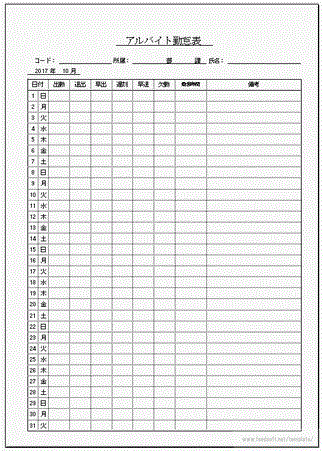 アルバイト勤怠表のフリーテンプレート