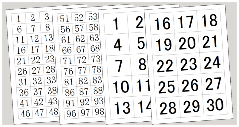 番号札の無料テンプレート（Excel・A4印刷）小型1〜50／大型1〜30 プレビュー