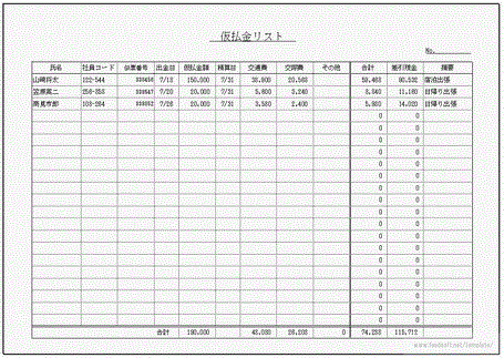 仮払金リストのフリーテンプレート