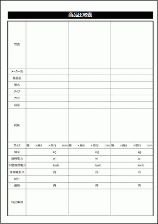 商品比較表のテンプレート