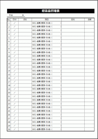 贈答品管理表のテンプレート
