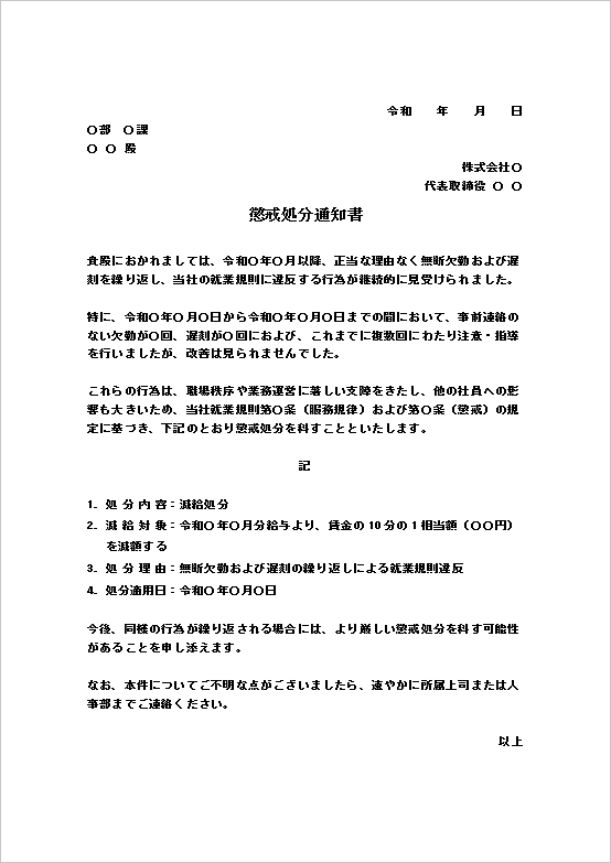 A4縦 無断欠勤・遅刻による減給処分通知書のテンプレート