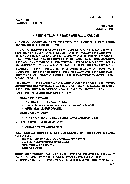 ロゴ無断使用に対する抗議状テンプレート1ページ目。ウェブサイト上のロゴ無断掲載に対して使用停止を求める文例。